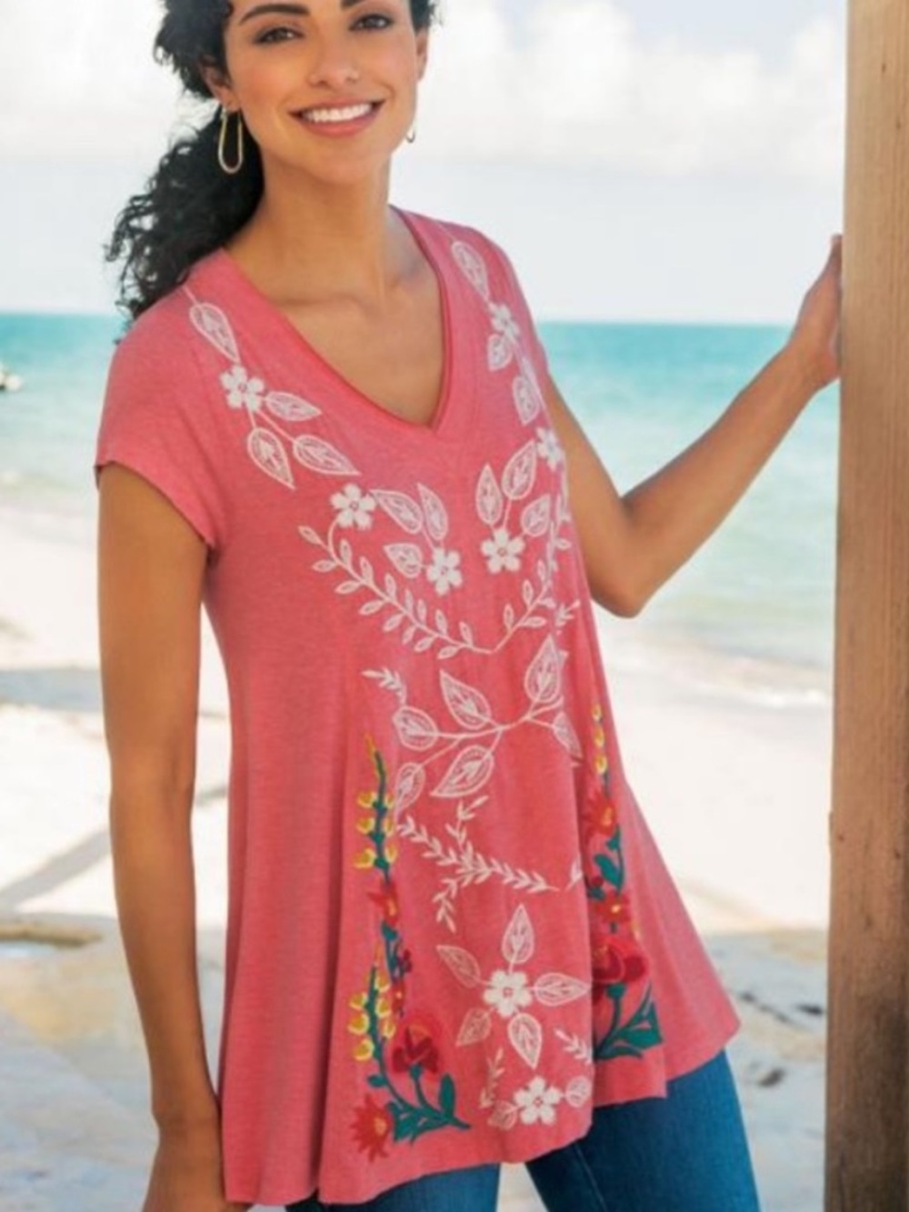 Soft Surroundings Floral Embroidered V Neck Swing Tunic Length Top XL